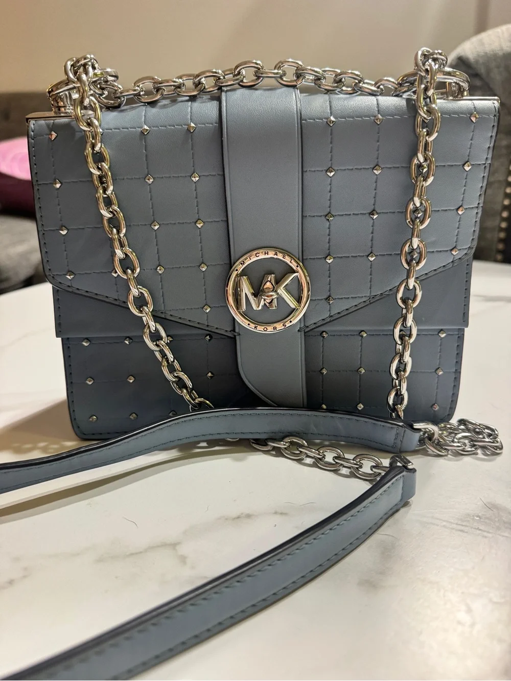 Michael Kors Light Blue Quilted Shoulder Bag with Silver Hardware